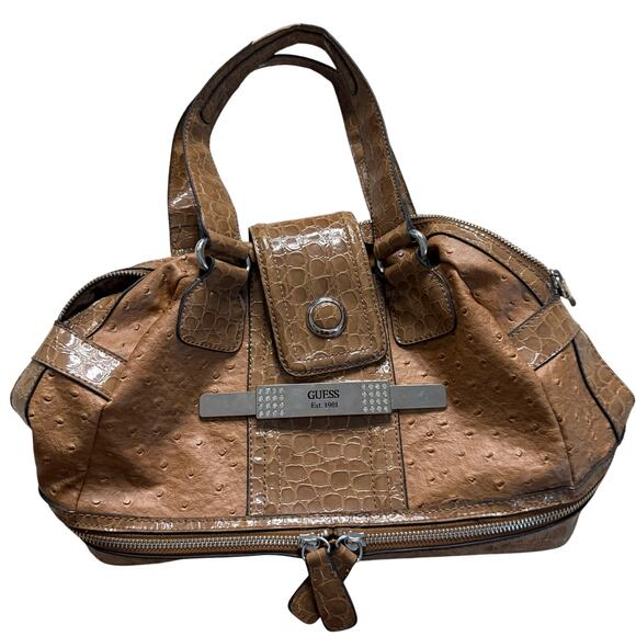 Guess Brown Croc Embossed Satchel Handbag with Rhinestone Logo Plate - Picture 1 of 8